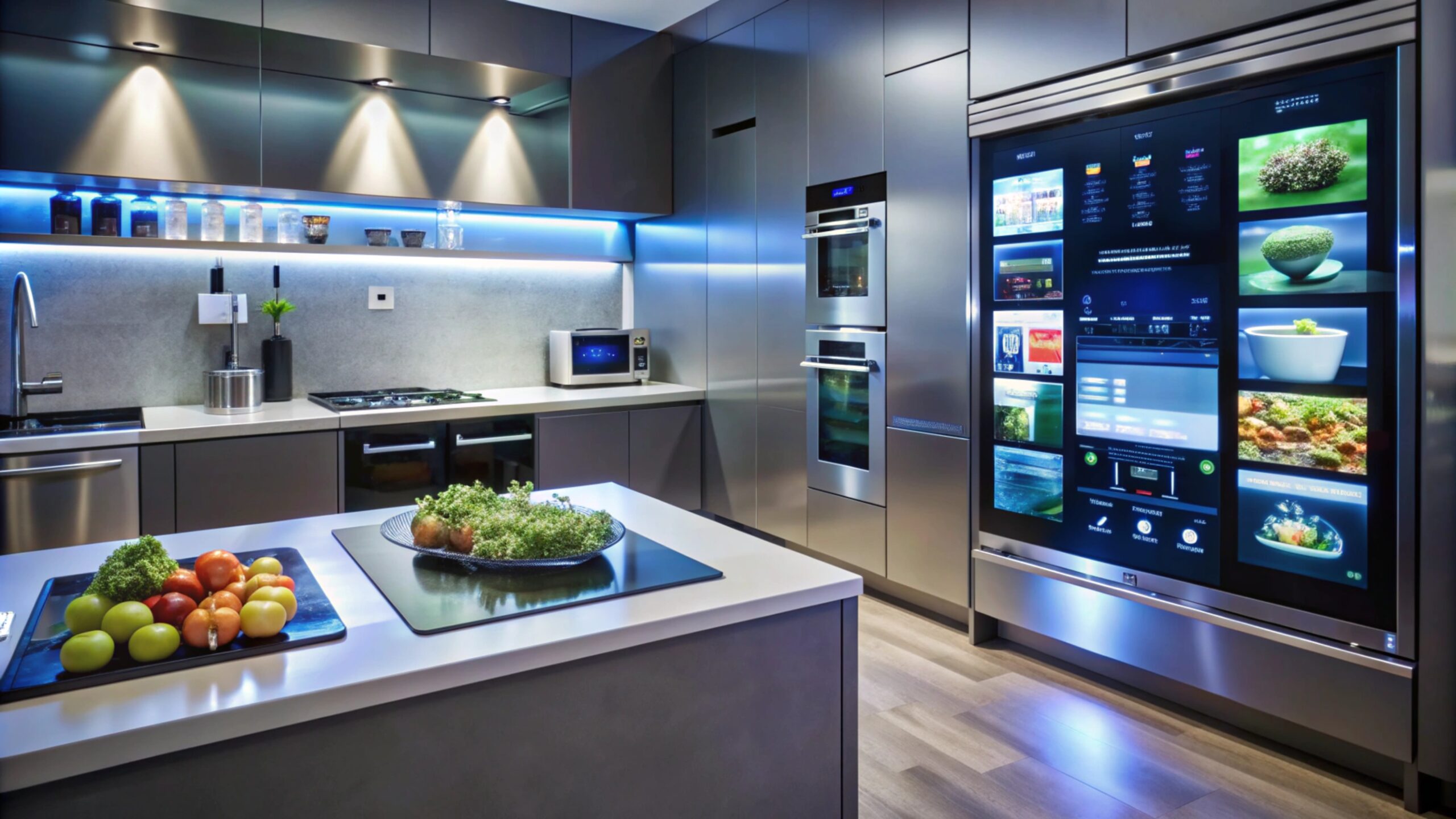 Modern kitchen with a digital display screen built into the refrigerator.