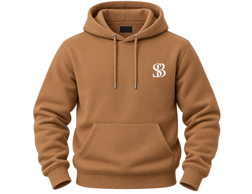 Man wearing a camel brown pullover hoodie with metal-tipped drawstrings and small chest logo