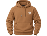 Man wearing a camel brown pullover hoodie with metal-tipped drawstrings and small chest logo