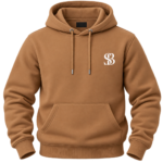 Man wearing a camel brown pullover hoodie with metal-tipped drawstrings and small chest logo