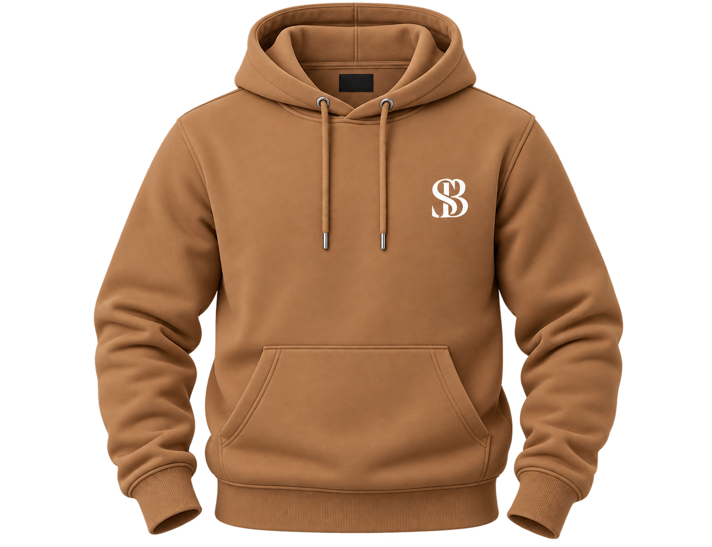 mens-brown-pullover-hoodie-shoppybrit.jpg Man wearing a camel brown pullover hoodie with metal-tipped drawstrings and small chest logo